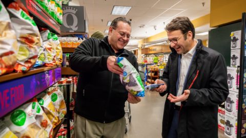Judson Althoff, right, and Wesley Rhodes, vice president of technology transformation at Kroger, at a QFC store in Redmond, Washington, one of two pilot locations featuring connected customer experiences powered by Microsoft Azure and AI.