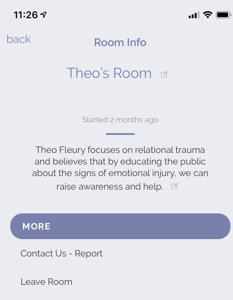 Theo's Room on iRel8 app shows title and description of room. 