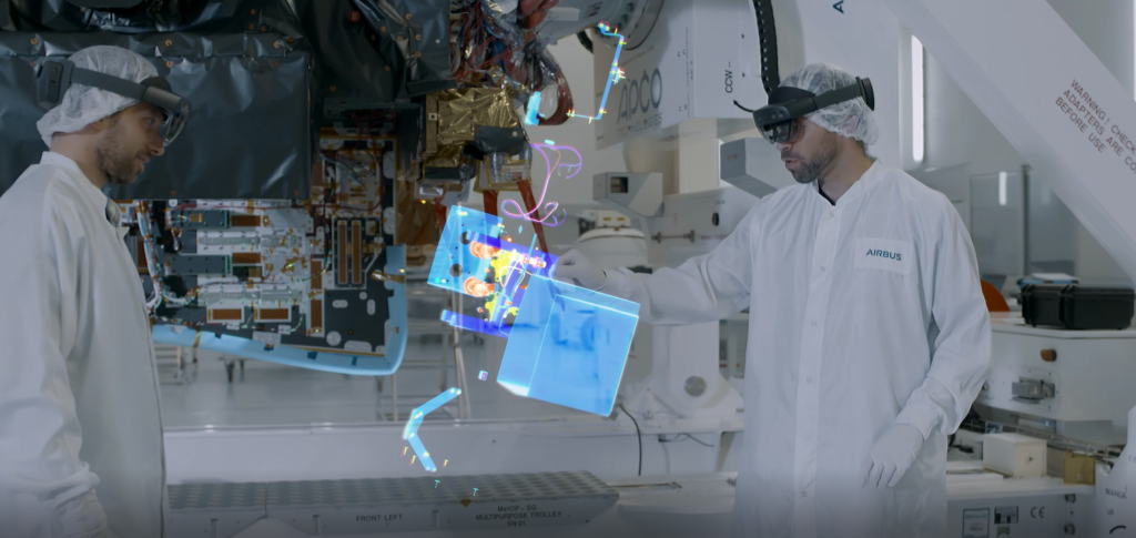 Airbus engineers use HoloLens mixed-reality headsets for training.