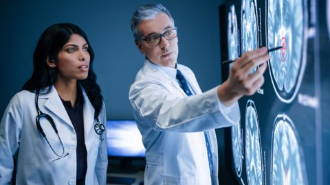 A female doctor and a male doctor examine X-ray results.