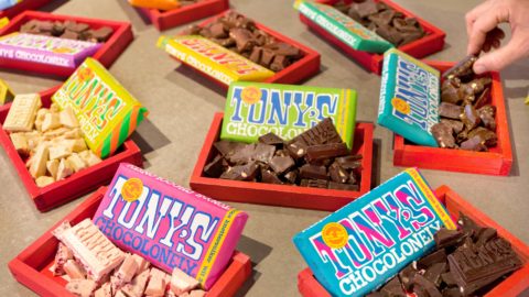 A variety of Tony’s Chocolonely chocolate bars.