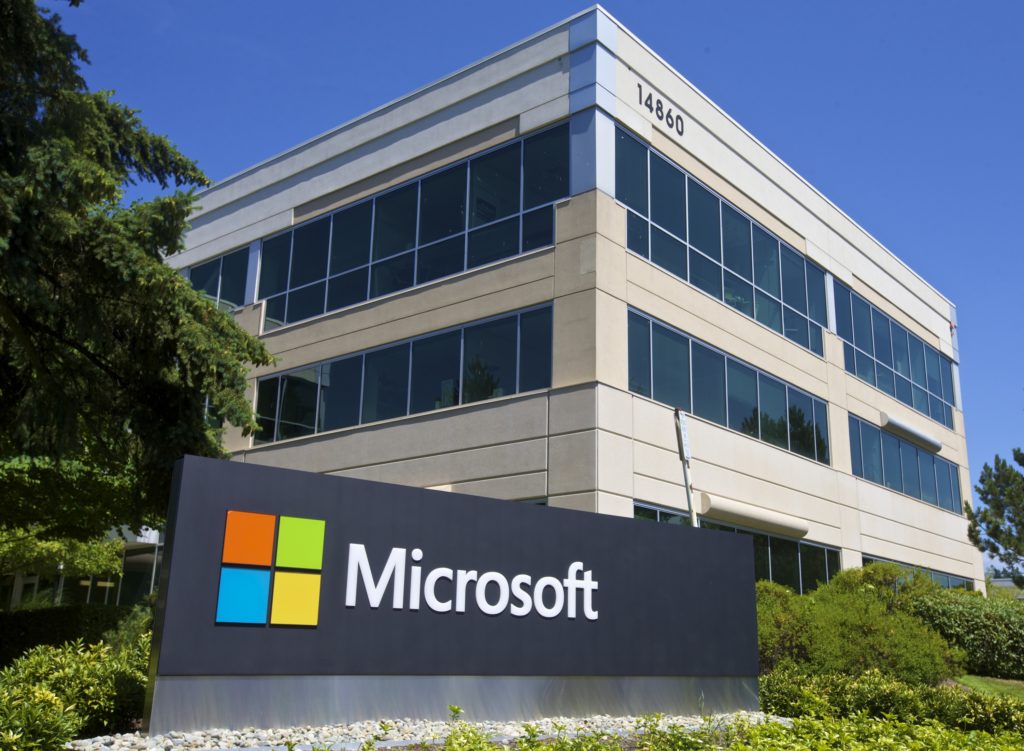 A sign and building on the Microsoft campus in Redmond, Washington.