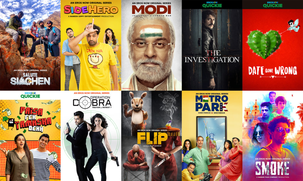 Collage of promotional posters for various original shows made by Indian video streaming company Eros Now.