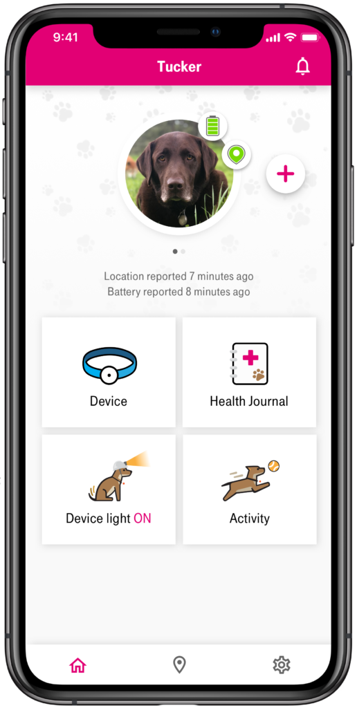 The home screen of T-Mobile's pet tracker app