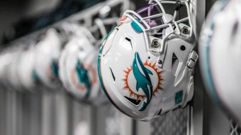 A row of Miami Dolphins helmets