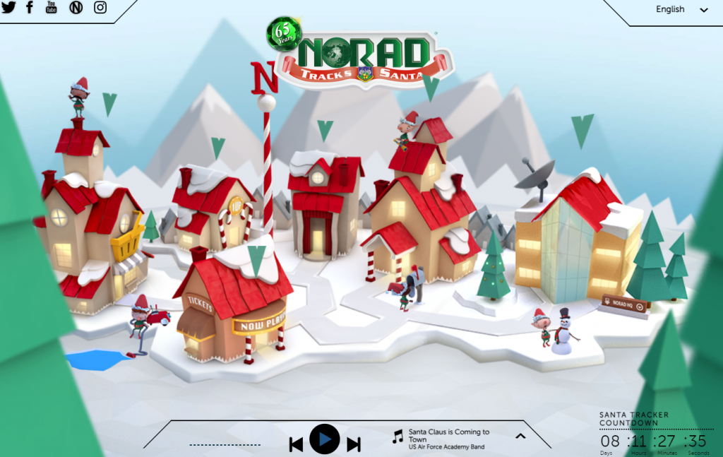 The homepage for the NORAD Santa Tracker website. 