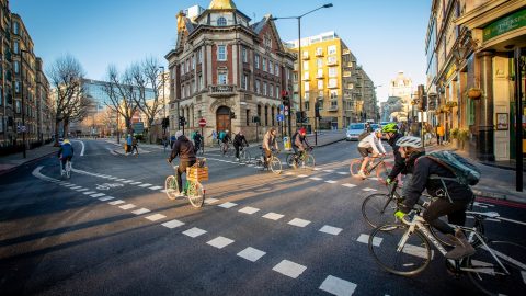 Bicyclists on a London street.
