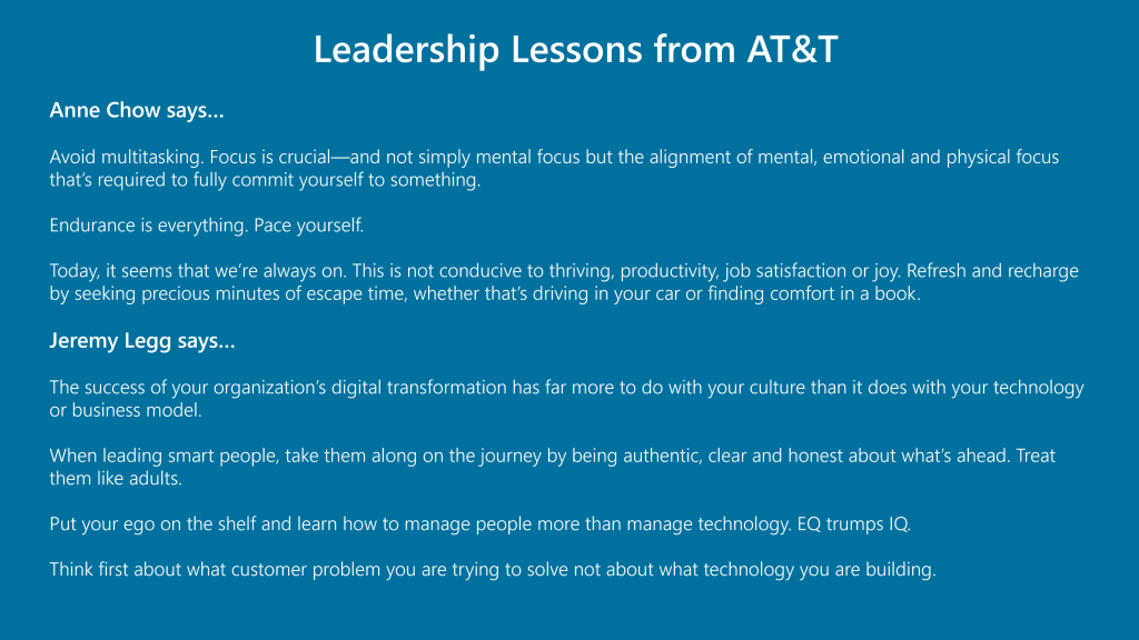 Un gráfico de texto con 7 lecciones de los líderes empresariales de AT&T