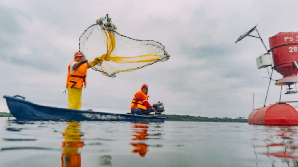 An aquafarmer stands in a boat and tosses a shrimp net into the water as another aquafarmer sits with his hand on the boat's engine controls. 