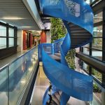 Colorful staircase infused with natural light in a building on Microsoft’s Redmond campus