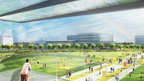 Rendering of Microsoft’s planned campus renovation featuring new buildings and common outdoor spaces