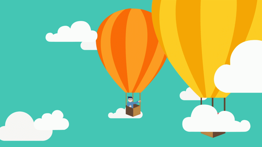 Cartoon of Mike McCarter and ninja cat riding in hot air balloons