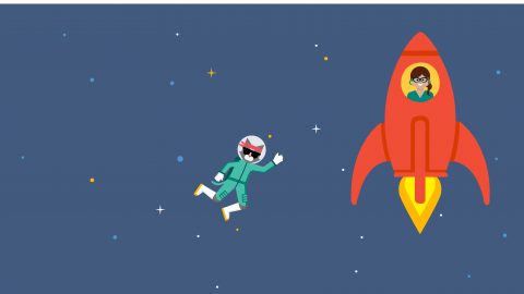 Woman in a rocket and ninja cat wearing a space suit