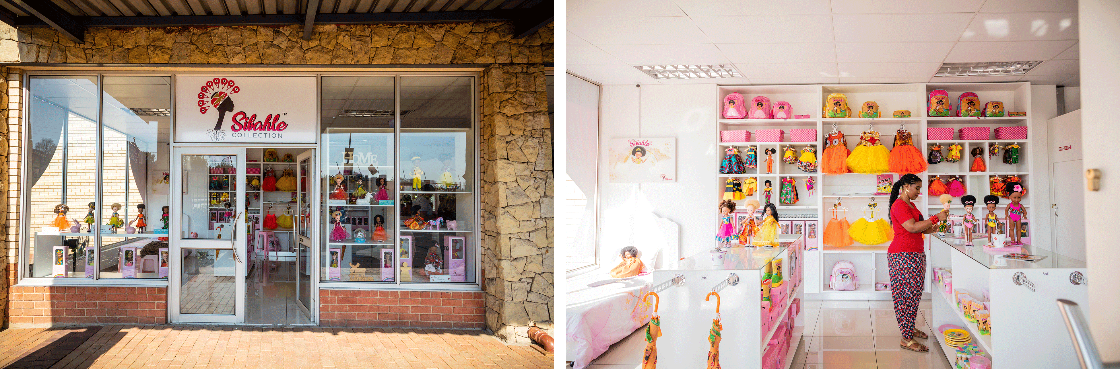 Two side-by-side photos. One of a store with glass windows. The other of the inside of the store, showing dolls for sale.