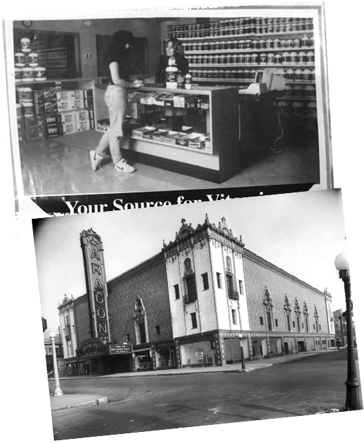 Two black and white historial photos showing a girl behind a counter in a small shop and a historical theatre in Chicago