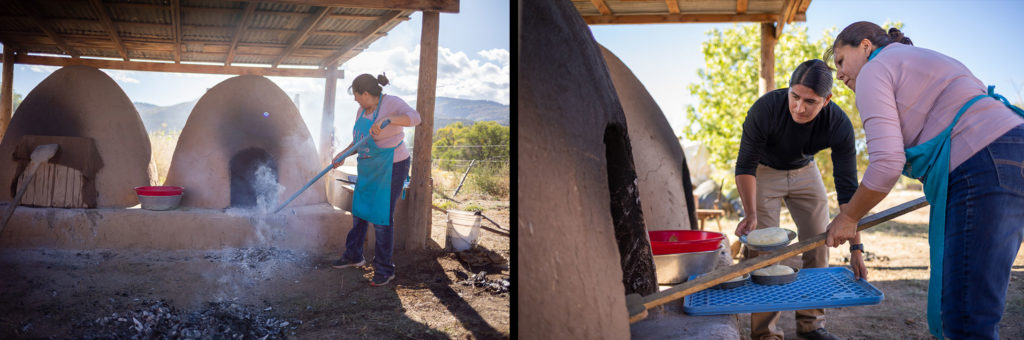 Two side-by-side photographs of outdoor adobe ovens and people putting bread into them