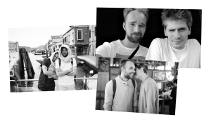Black and white photo collage of Aleksey and his partner, Nikolay.