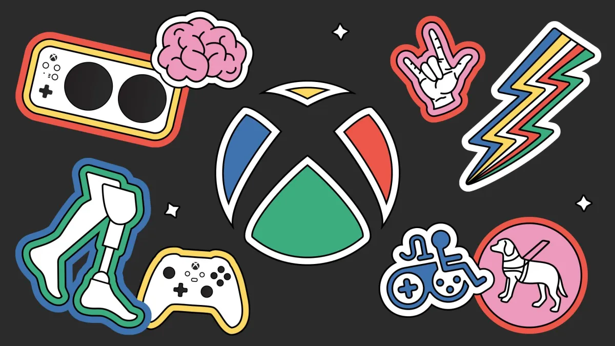Image of Xbox logo with colorful graphics of an accessible gaming controller, guide dog, brain and more icons.