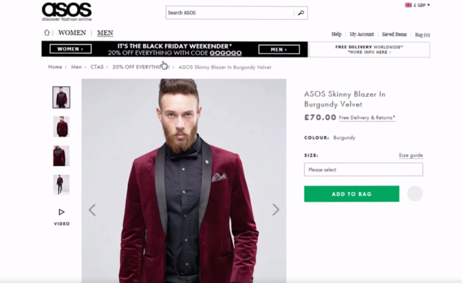 Das Foto zeigt einen Screenshot einer ASOS-Produktseite für einen dunkelroten Herren-Blazer.