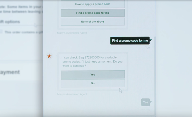 Das Bild zeigt einen Screenshot vom virtuellen Assistenten von Macy's.