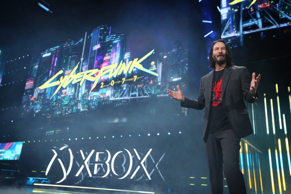 Keanu Reeves, Cyberpunk 2077 Actor, unveils the release date at the Xbox E3 2019 Briefing at the Microsoft Theater at L.A. Live, Sunday, June 9, 2019 in Los Angeles. (Photo by Casey Rodgers/Invision for Xbox/AP Images)