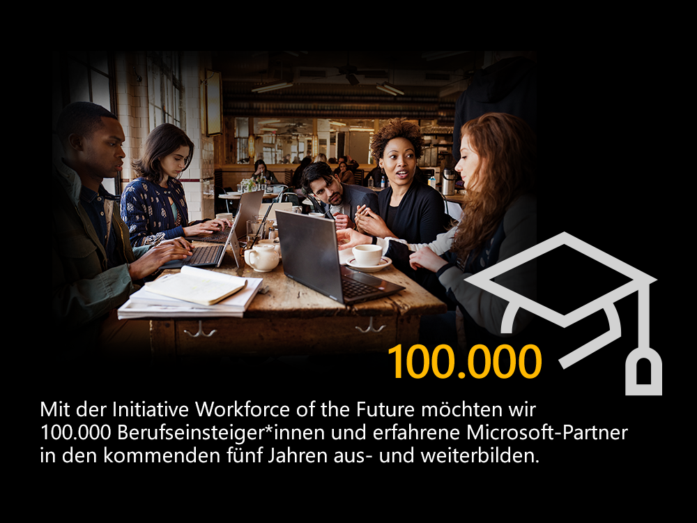 Mit der Initiative Workforce of the Future möchten wir 100.000 Berufseinsteiger*innen und erfahrere Microsoft-Partner in den kommenden fünf Jahren aus- und weiterbilden.