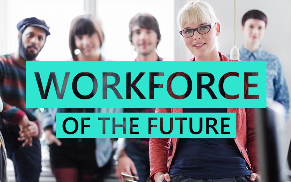 Das Bild zeigt eine Gruppe mit Personen. Über den Personen liegt der Schriftzug "Workforce of the Future"