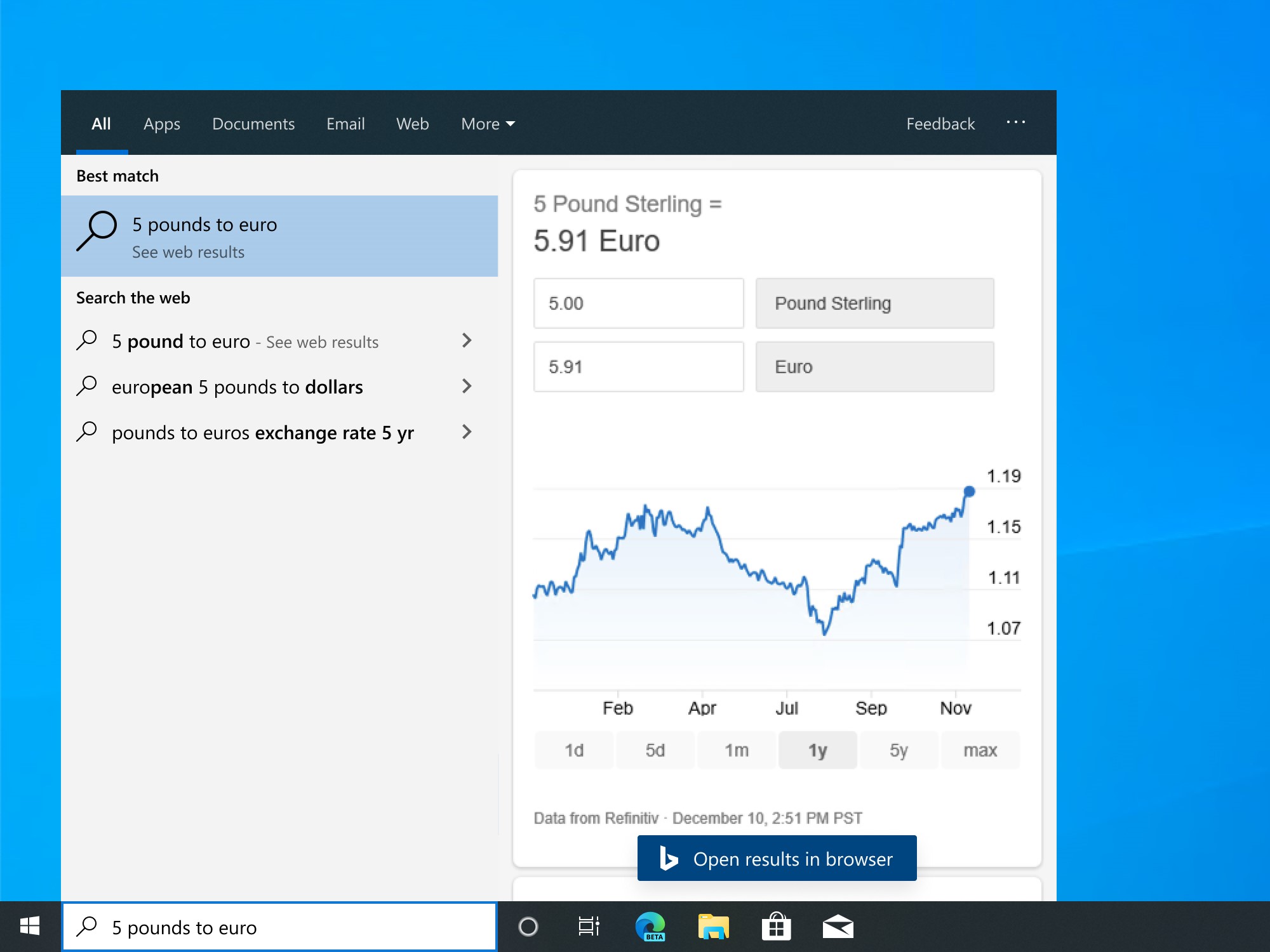Das Bild zeigt ein Screenshot von Windows 10, auf dem die geöffnete Windows Suchleiste zu sehen ist, die die Umrechnungskurs von Pfund zu Euro zeigt.