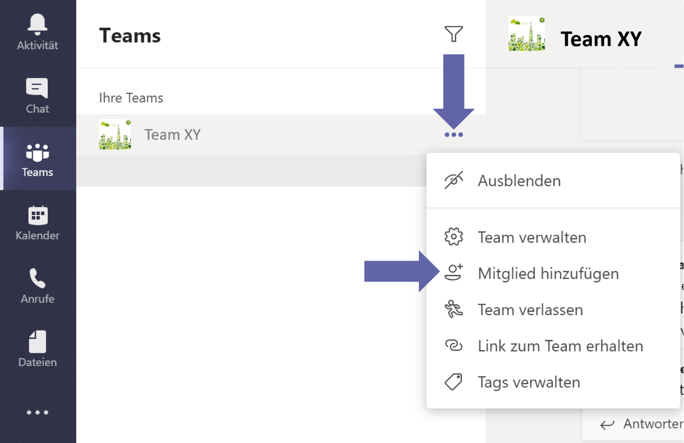 Screenshot in Teams, der zeigt, wie man über weitere Optionen ein Mitglied hinzufügen kann.