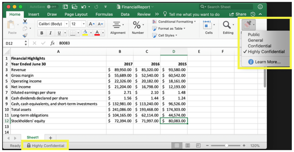 Beispiel zur Anzeige verfügbarer Vertraulichkeitsbezeichnungen aus der Registerkarte Start im Menüband von Excel.