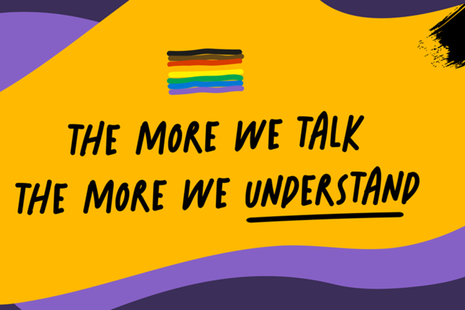 Grafik in Lila und Gelb mit einer Regenbogenfahne und der Aufschrift "The more we talk the more we understand"