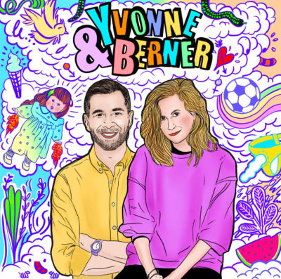Logo des Podcasts "Yvonne & Berner" (Comicstil in Neonfarben)