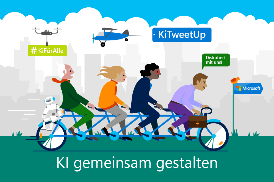 Vier Menschen fahren zusammen auf einem langgezogenen Fahrrad. Darunter steht der Schriftzug "KI gemeinsam gestalten".