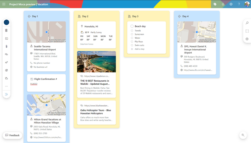 Ansicht von Outlook Spaces im Web mit Wetter- und Standortansichten