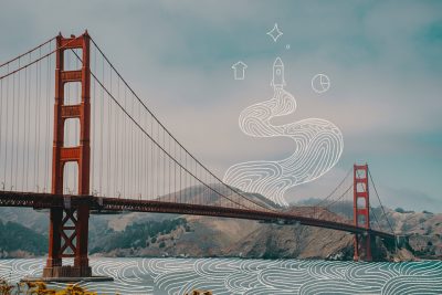 Foto zeigt die Golden Gate Bridge in San Francisco. Auf das Bild sind Illustrationen gelegt unter anderem die einer Rakete und deren Rauchausstoß.