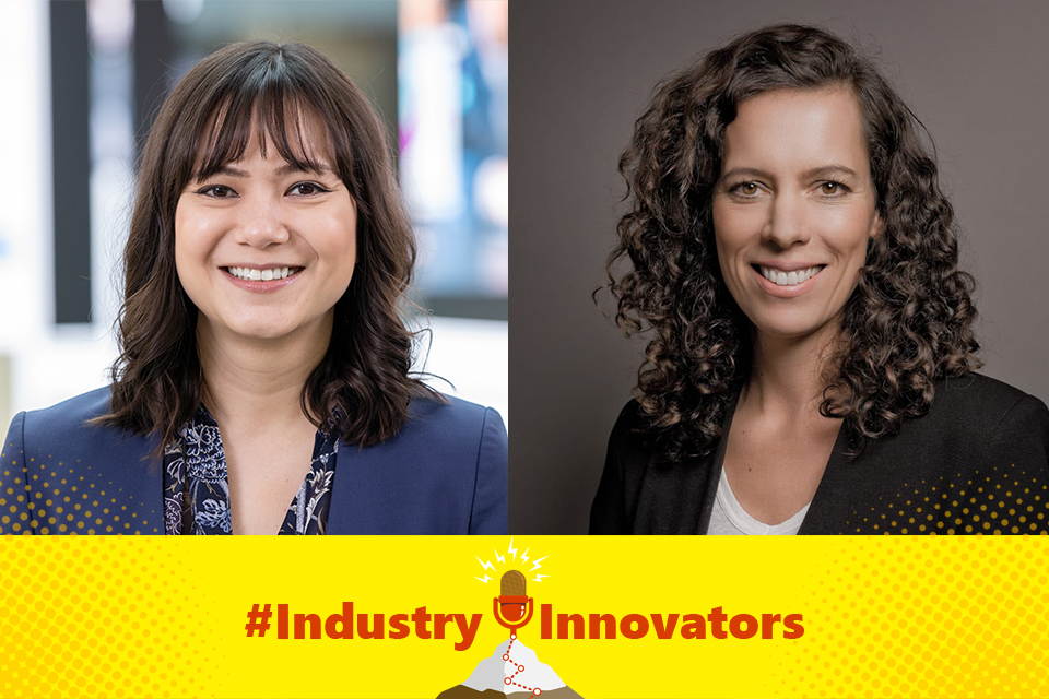 Die Podcast-Gäste Miriam Wohlfahrt und Kassandra Xavier Esteves werden auf dem Bild gezeigt, gemeinsam mit dem Industry innovators Podcast Logo