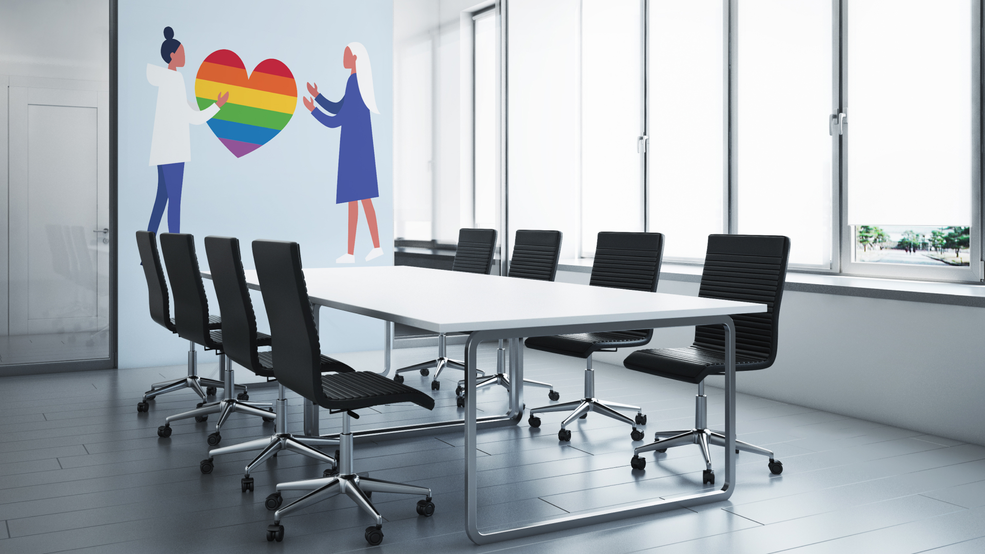 Ein Konferenzraum mit weissem Tisch und schwarzen Stühlen, an der Wand ein Bild mit zwei Menschen, die zwischen sich ein Herz in Regenbogenfarben halten