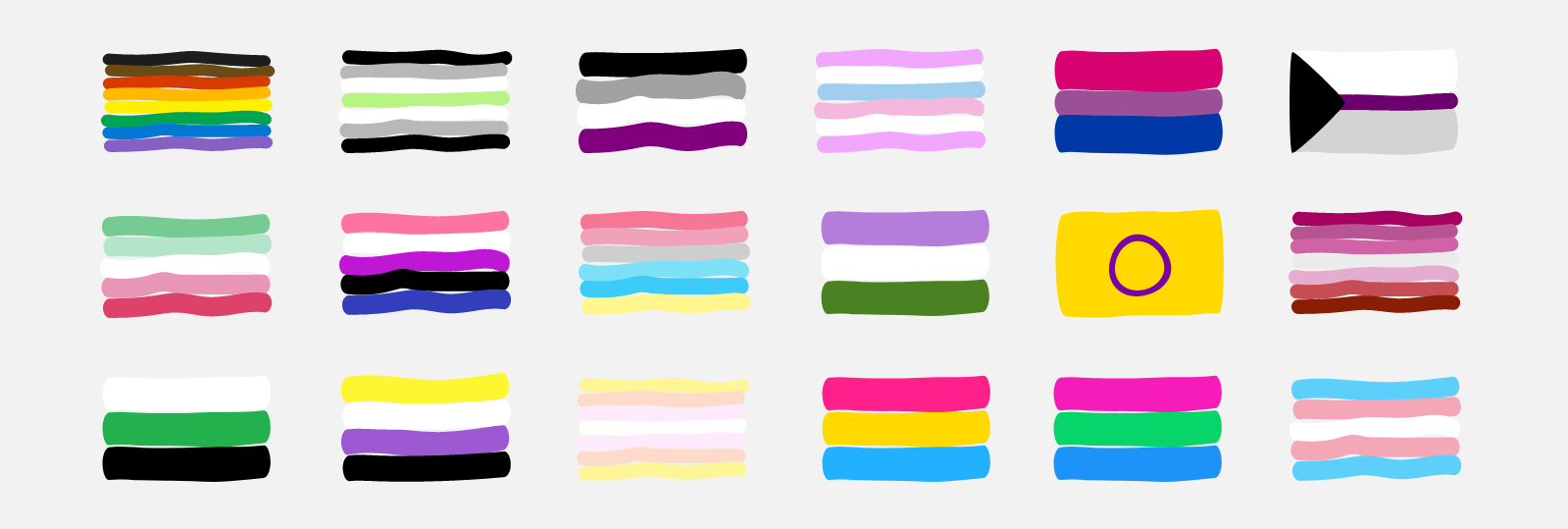 Verschiedene gezeichnete Flaggen in bunten Farben (LGBTQI+ Spektrum) auf grauen Hintergrund