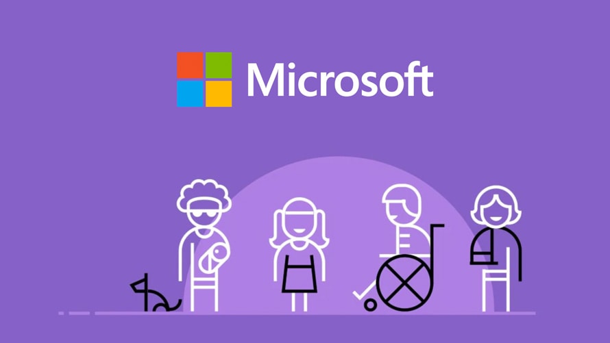 Eine lilane Grafik mit gezeichneten Menschen, darüber das Microsoft-Logo