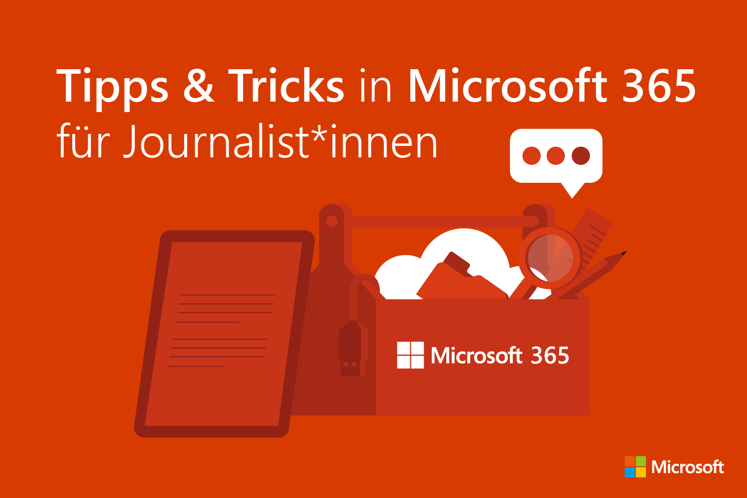 Weiße Schrift auf rotem Hintergrund "Tipps & Tricks in Microsoft 365 für Journalist*innen
