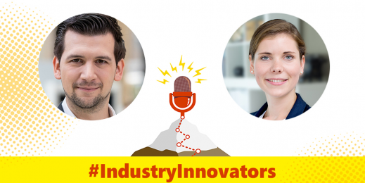 Fotos der Podcast-Gäste Jessica Thomas und Alex Flade, darunter die Schrift #IndustryInnovators Podcast