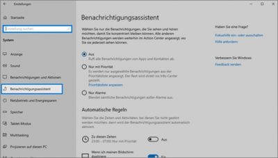 Screenshot vom Benachrichtigungsassistenten in Windows 10