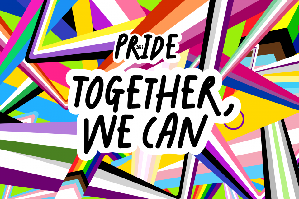 Eine Grafik mit vielen bunten Flaggen, darüber in Schwarz die Schrift "Pride, Together we can"