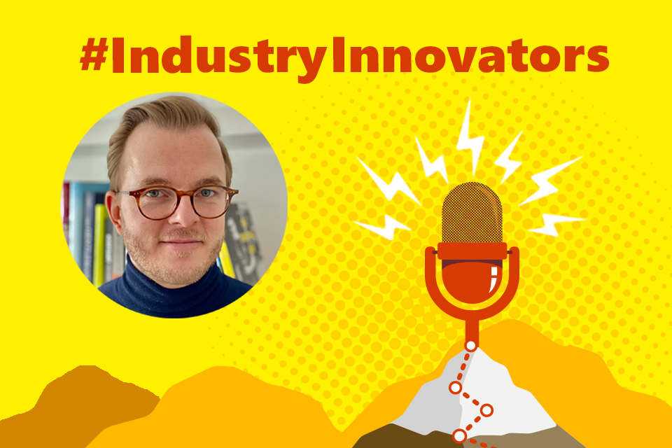 Logo des #IndustryInnovators Podcast und ein Foto des Gastes Dr. Tobias Franke von PwC Deuschland