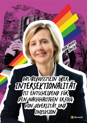 Ein Profilbild von Marianne Janik, darüber der Text "Intersektionalität ist entscheidend für den nachhaltigen Erfolg von Diversität und Inklusion"