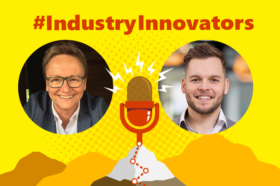 Die Podcast-Gäste Patrick Schwarz und Birgit Spors sind zu sehen sowie das IndustryInnovators Logo