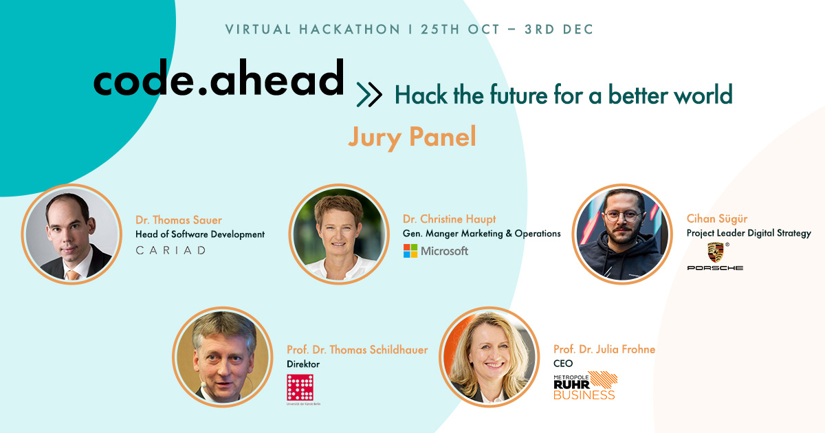 Die Grafik zeigt die Jury des Hackathons: Dr. Thomas Sauer (CARIAD), Cihan Sügür (Porsche), Prof. Dr. Thomas Schildhauer (Universität der Künste Berlin), Prof. Dr. Julia Frohne (Business Metropole Ruhr) und Dr. Christine Haupt (Microsoft Deutschland).