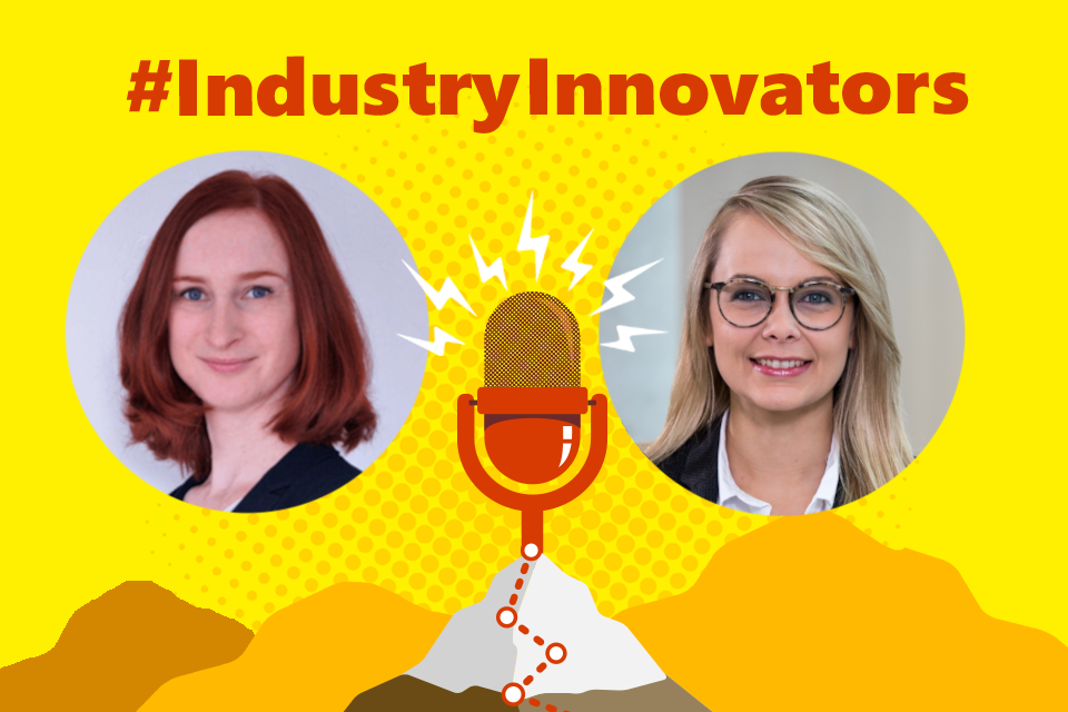 Die Podcast-Gäste Katrin Thausing und Julia Eberl sind zu sehen sowie das IndustryInnovators Logo