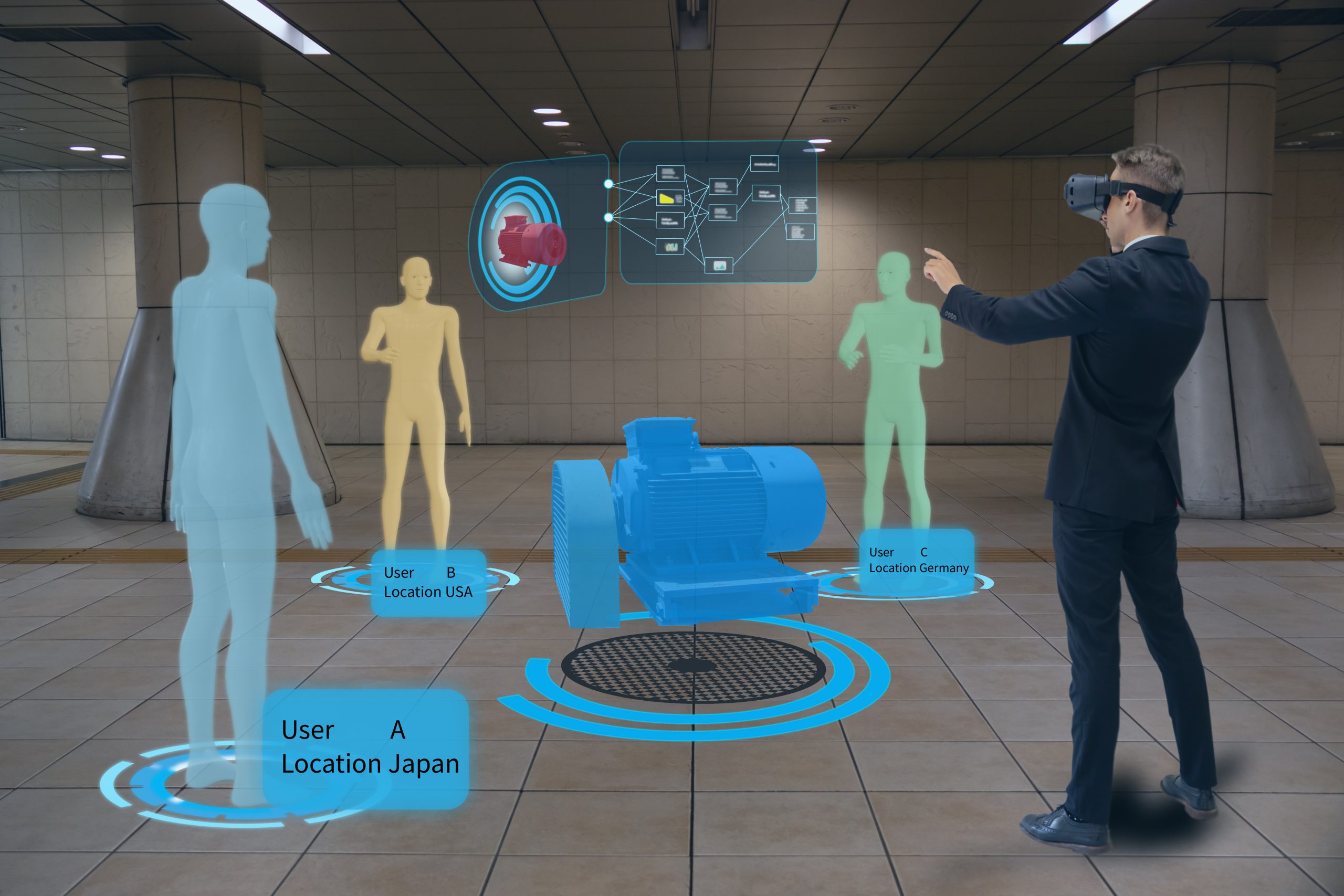 Darstellung davon, wie ein Mann mittels einer VR-Brille seine eigene Realität erweitert. 
