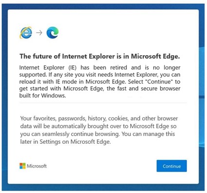 Fenster mit dem Hinweis "The future of Internet Explorer is in Microsoft Edge"